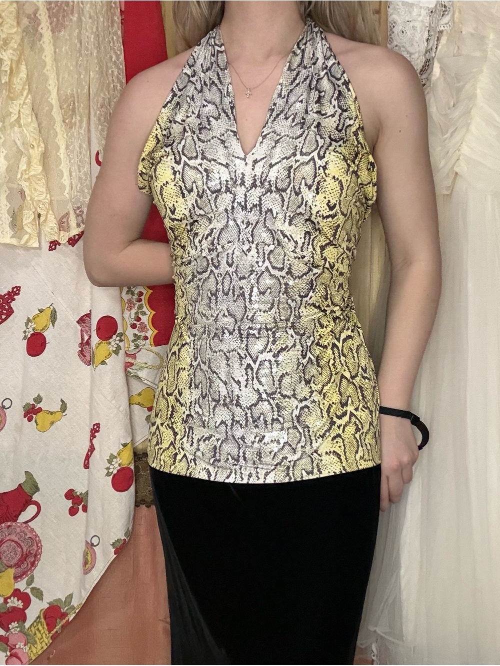 Vintage Cache Sequined Snake-Print Halter Top in Yellow and Gray